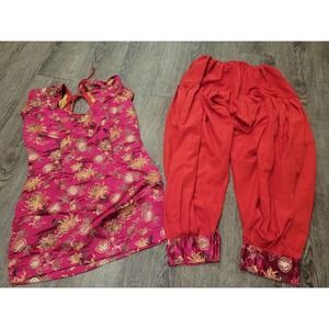 Asian Korean Chinese Traditional Red Satin-Like Small Women's Outfit Top Bottom
